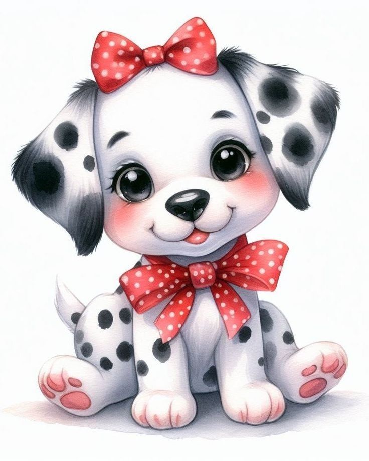 a drawing of a puppy with a red bow on its head and polka dots around it's neck