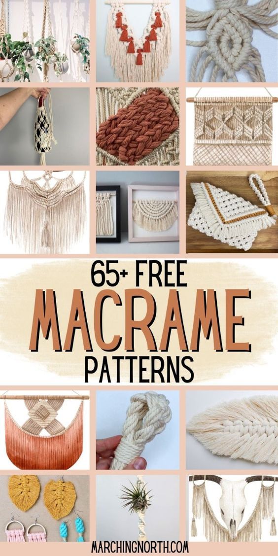 different macrame patterns with text overlay that reads 65 free macrame patterns