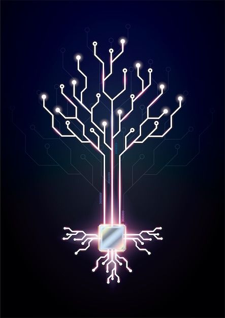 an electronic circuit board tree with glowing lights on the top and below it, against a dark background