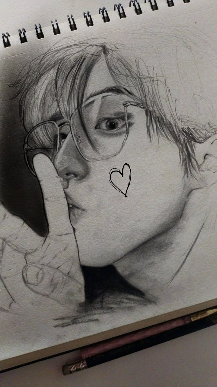 a pencil drawing of a person with glasses and a heart on their nose, holding his hand to his face