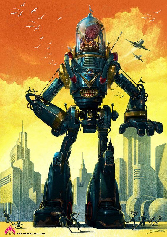 an image of a robot that is standing in front of a city with birds flying over it