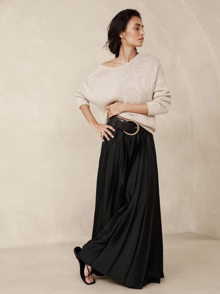 Ness Pleated Satin Maxi Skirt | Banana Republic Pleated Maxi Skirt Outfit, Full Skirt Outfit, Black Maxi Skirt Outfit, Satin Maxi Skirt, Long Maxi Skirt, Winter Skirt Outfit, Maxi Skirt Outfits, Pleated Long Skirt, Black Pleated Skirt