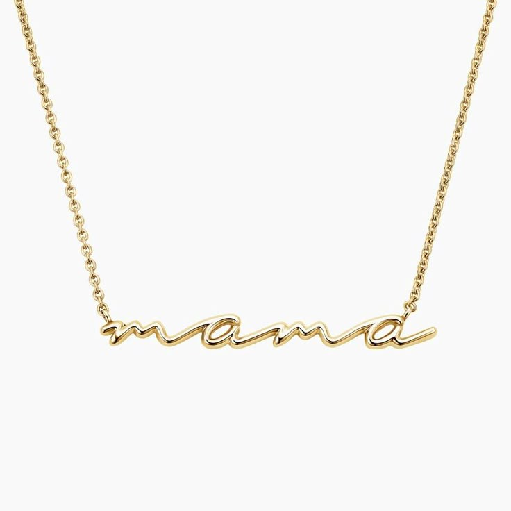 Script Mama Pendant Necklace - 14K Yellow Gold. The perfect gift to celebrate the incredible moms in your life, this lustrous necklace features the word 'mama' written in beautiful script. The length of the chain can be adjusted to 16, 17, or 18 inches to suit individual preference. Personalized Signature Necklaces For Mother's Day, Sterling Silver Signature Jewelry For Mother's Day, Signature Name Necklace For Mother's Day Anniversary, Yellow Gold Name Necklaces For Mother's Day, Custom Name Necklace For Mother's Day Formal Occasion, Custom Name Necklace In Yellow Gold For Mom, Custom Name Necklace For Mother's Day Formal Event, 14k Gold Name Necklace For Mother's Day, Yellow Gold Name Necklace, Gift For Mom