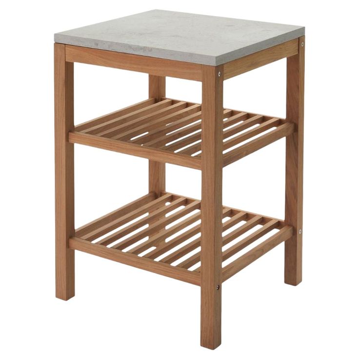 a wooden table with a stone top and shelf on the bottom, against a white background