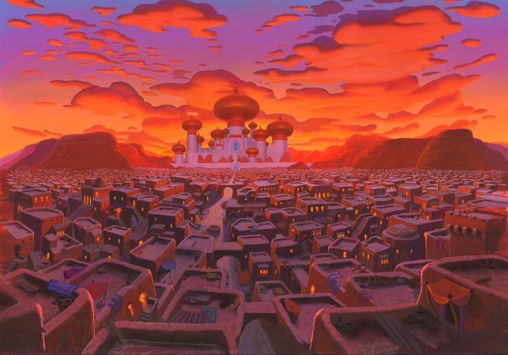 a painting of a city at sunset with clouds in the sky and buildings on either side