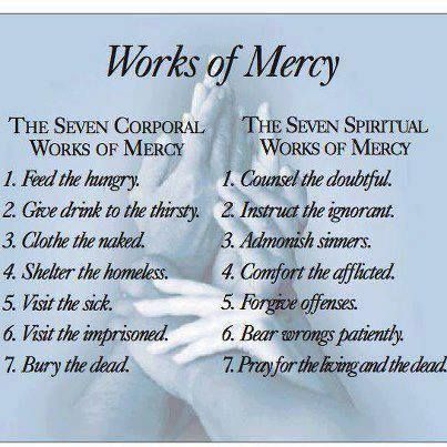 hands folded in prayer with the words'works of mercy'written below and above it