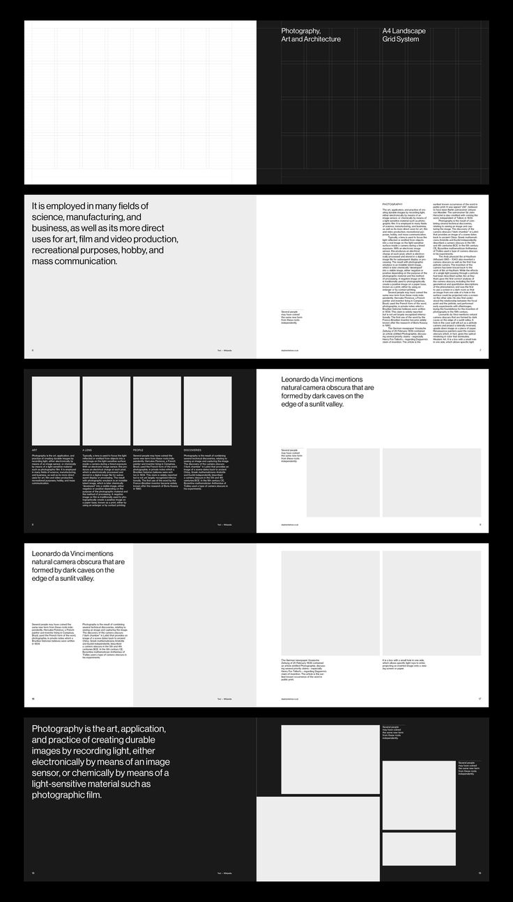 Grid system and sample spreads for A4 landscape brochure Profile Book Design, Book Page Design Ideas, Document Layout Design Creative, Style Sheet Graphic Design, Context Page Design, Landscape Page Layout Design, Design Research Portfolio, Design Brief Layout, Research Portfolio Layout