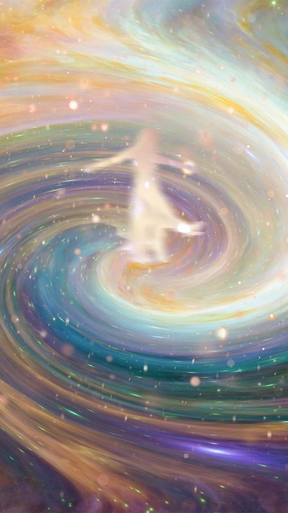 a painting of a person standing in the middle of a swirling space filled with stars