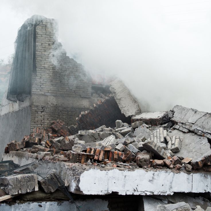 a pile of rubble sitting on top of a building next to a fire hydrant