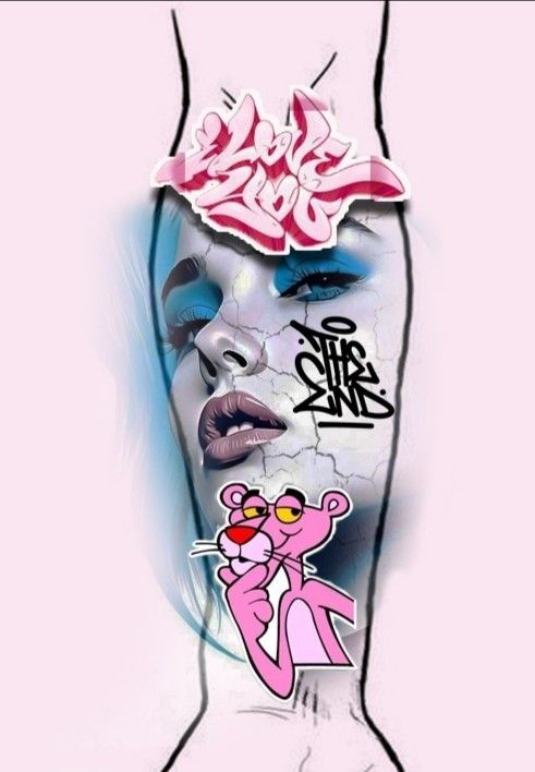 a woman's face with pink and blue make - up on her face is covered in graffiti