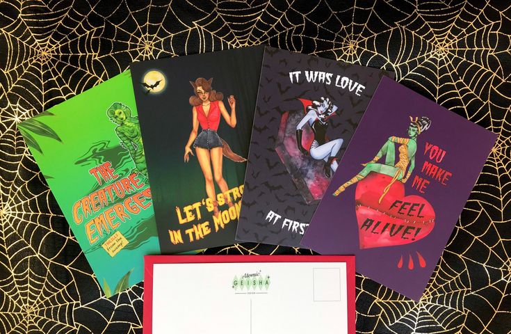 four halloween greeting cards on a table with spider webs around them and an envelope that says, let's stay in the house