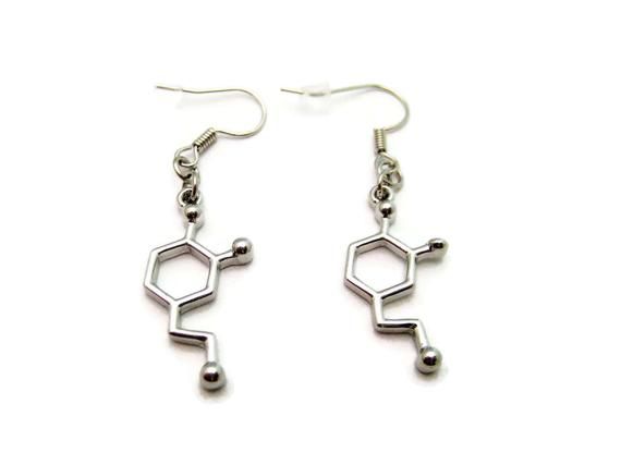 Dopamine Earrings, Molecule Earrings, Science Earrings, STEM Earrings, Chemistry Earrings, Dopamine Science Earrings, Stem Earrings, Pearl Birthstone, Science Jewelry, Nickel Free Earrings, Earring Hooks, Fun Earrings, Up Girl, Brass Chain