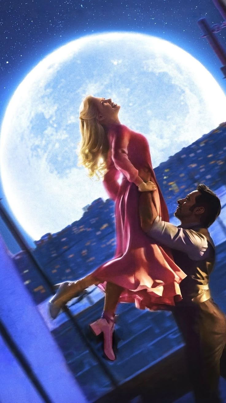 a man and woman dancing in front of a full moon with the sky behind them