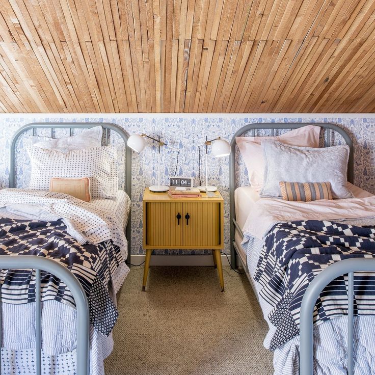 two beds in a room with wooden ceiling and wall paper on the walls behind them