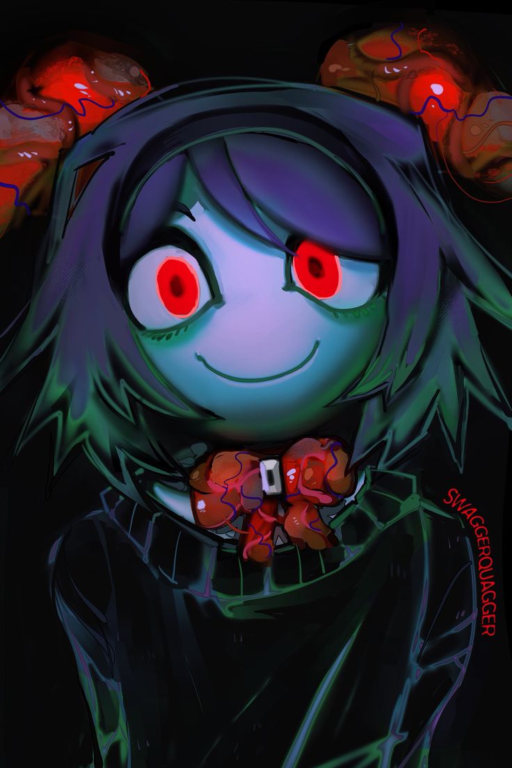 a drawing of a creepy girl with red eyes