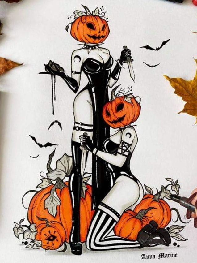 a drawing of two people dressed up as jack - o'- lanterns and pumpkins