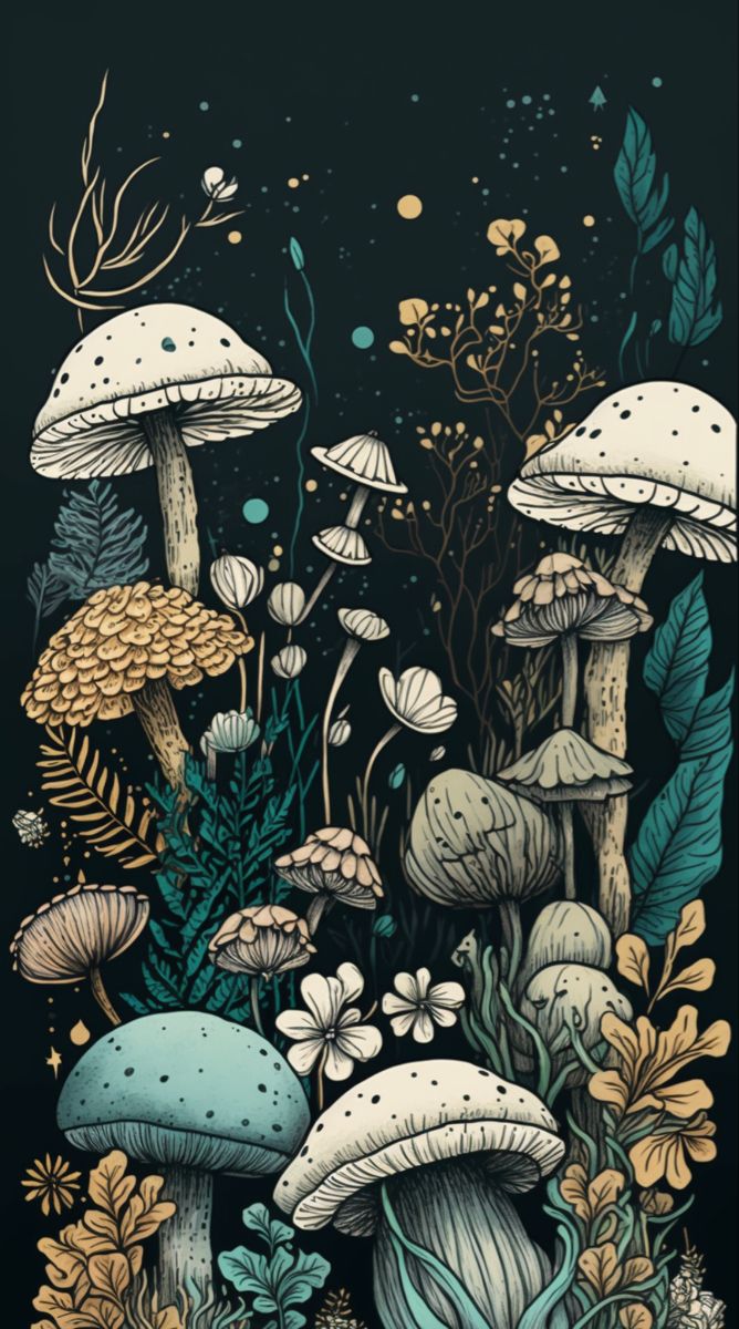 Bohemian mushroom artwork, using shades of teal, and yellow, ai illustration, night sky, nature inspired, whimsical, cell phone art, Digital illustration, mushroom art Mushroom Artwork, Illustration Mushroom, Illustration Night, Phone Art, Sky Nature, Shades Of Teal, Mushroom Art, Night Sky, Nature Inspired