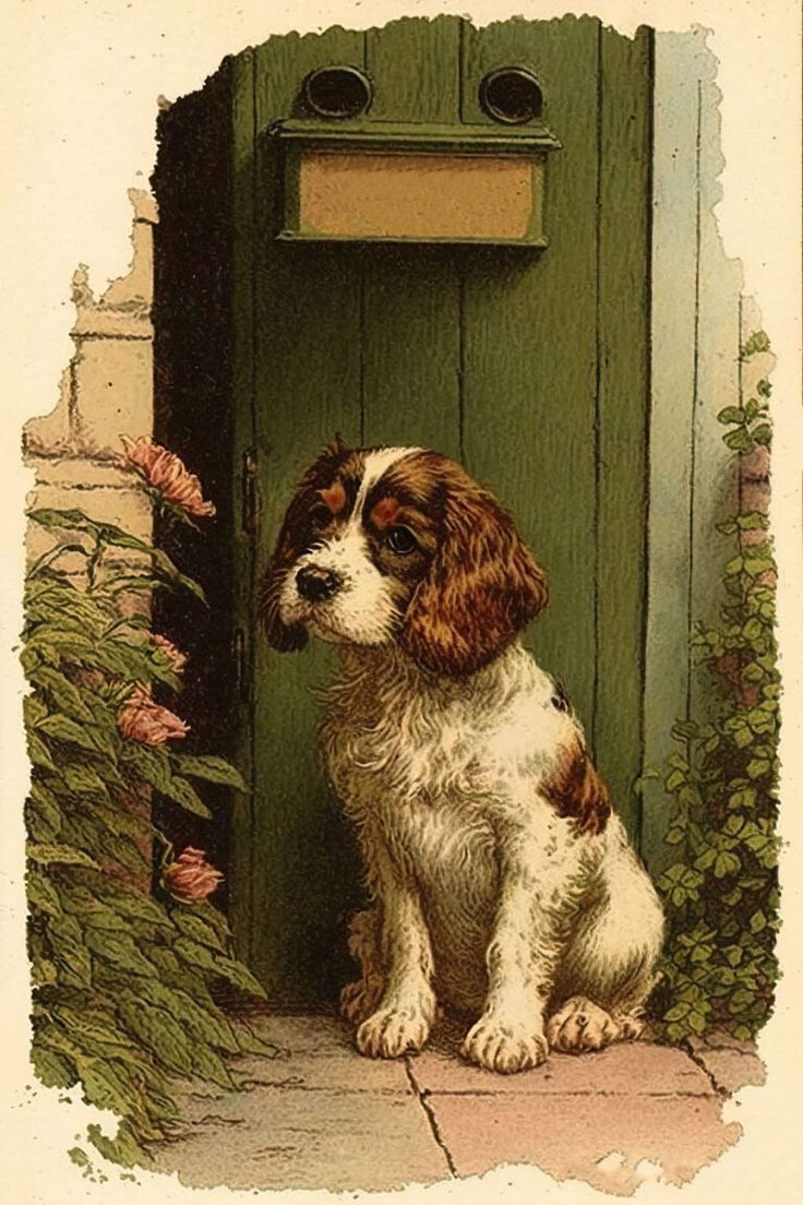 a brown and white dog sitting in front of a green door