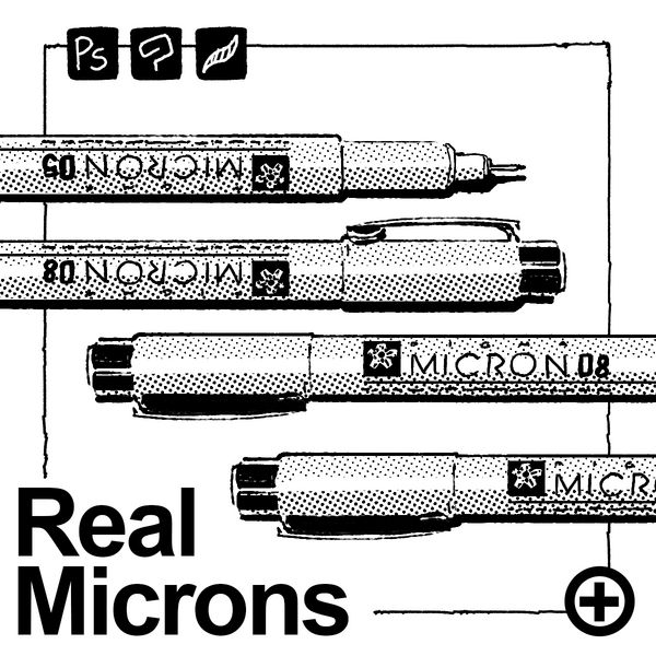 the real microns logo is shown in black and white, with three different types of pens