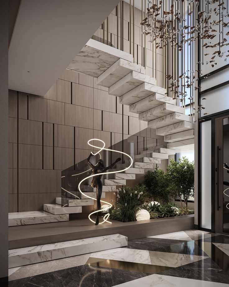 an artistic staircase with marble steps and chandelier