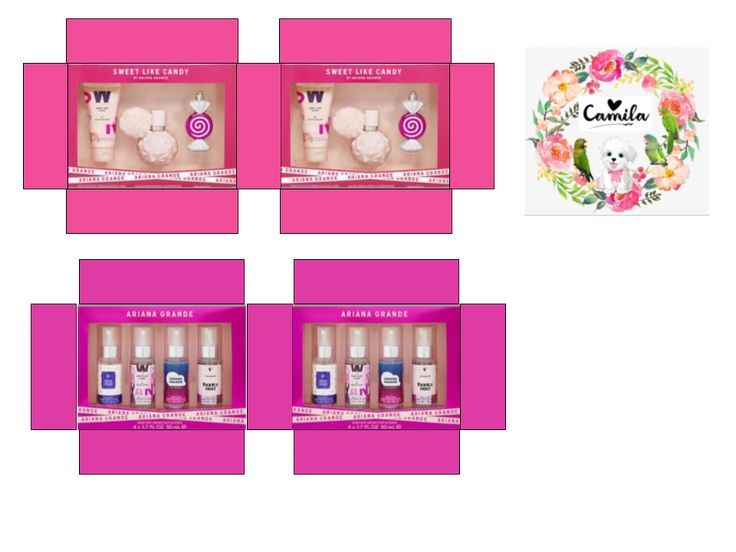 the contents of an assortment of beauty products are shown in four different pink boxes with floral designs on them