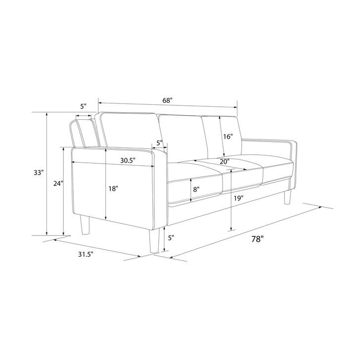 a drawing of a couch with measurements for the seat and back end, as well as its