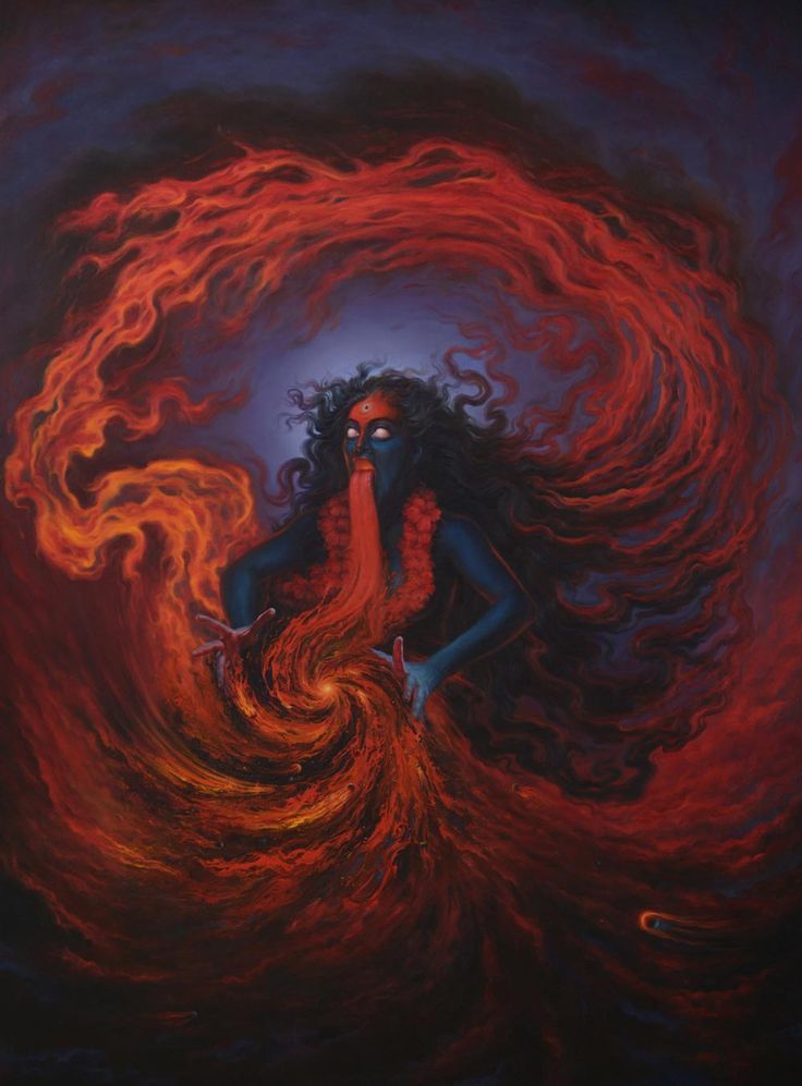 a painting of a woman with fire in her hair and body, surrounded by flames