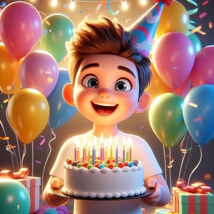 a young boy holding a birthday cake with candles on it and balloons in the background