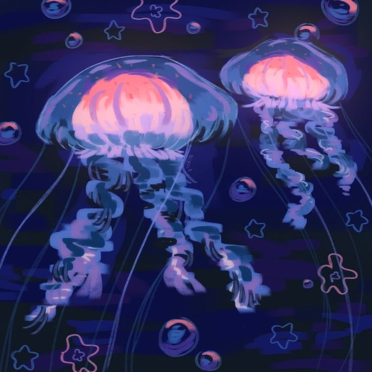 two jellyfishs floating in the water with stars and bubbles around them on a dark blue background