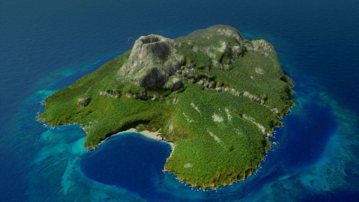 an island in the middle of the ocean with blue water and green grass on it