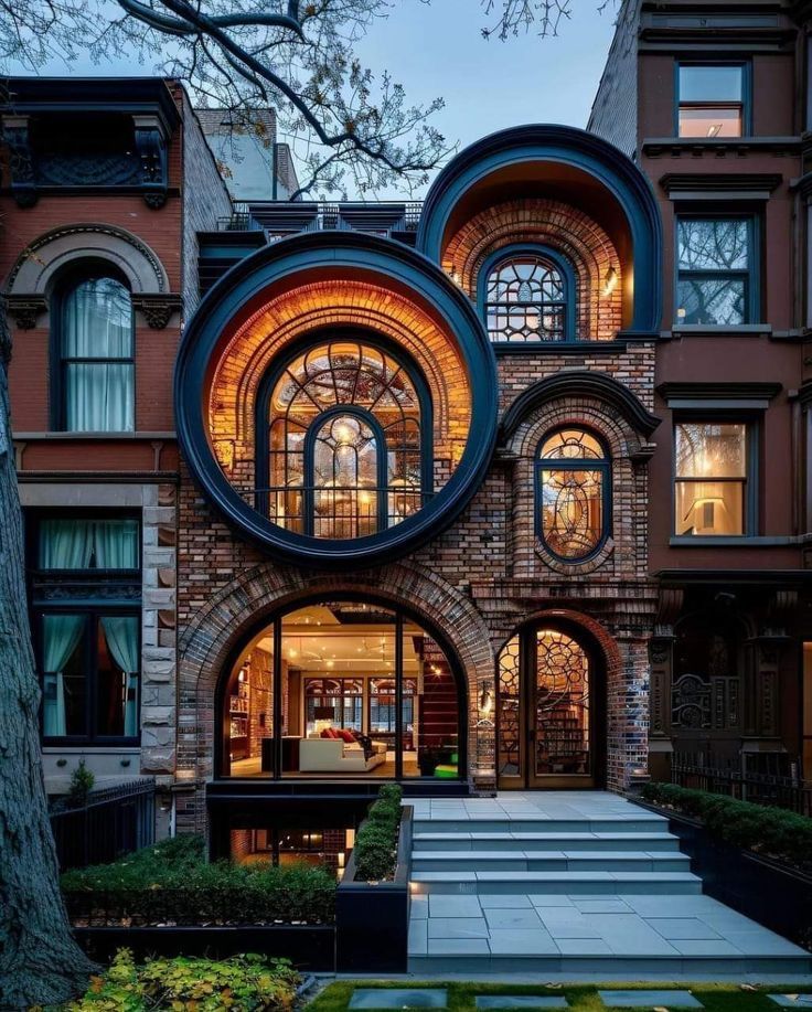 a large brick building with arched windows and steps leading up to it