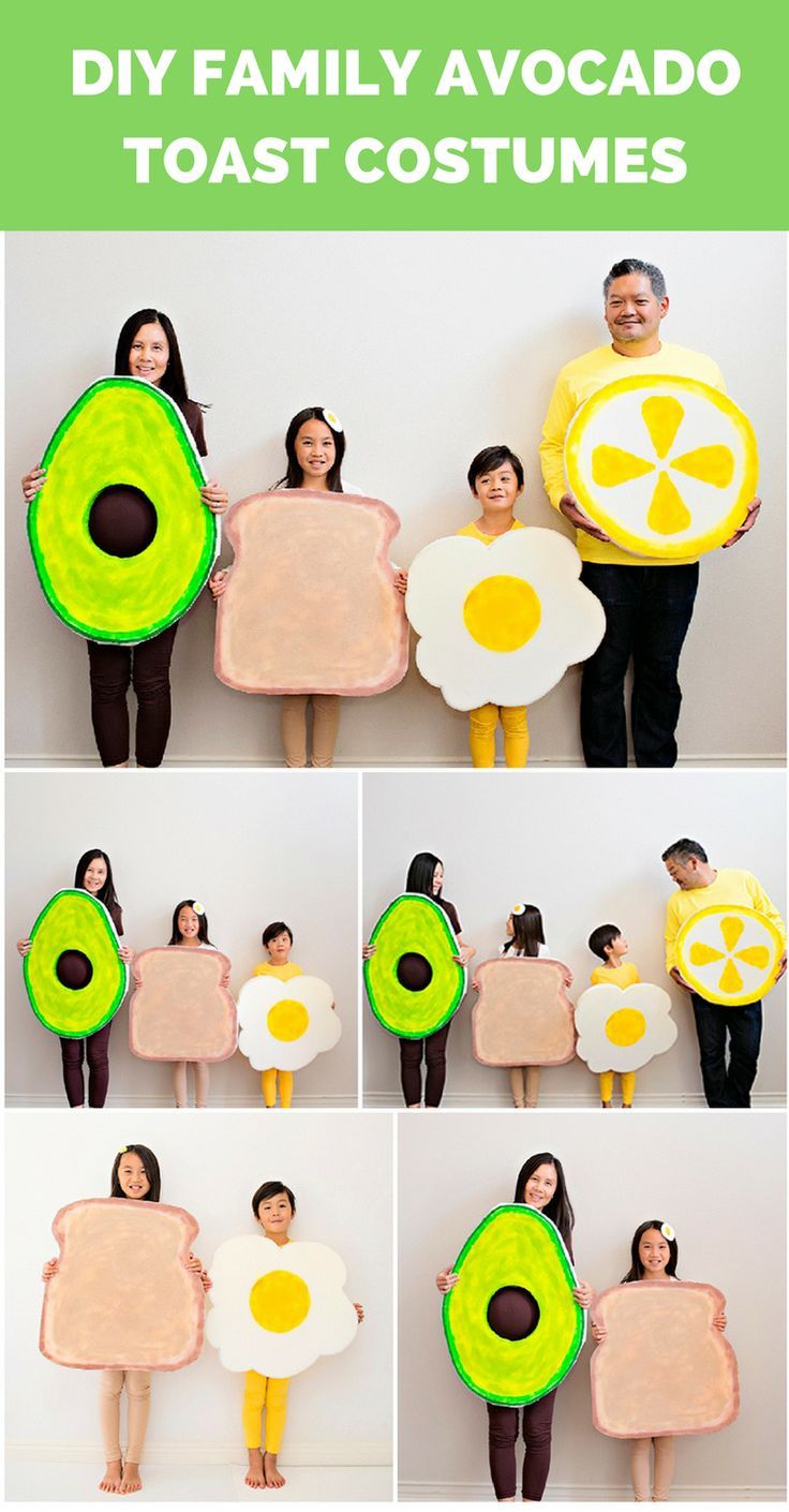 some people are holding up costumes made to look like avocado and lemons