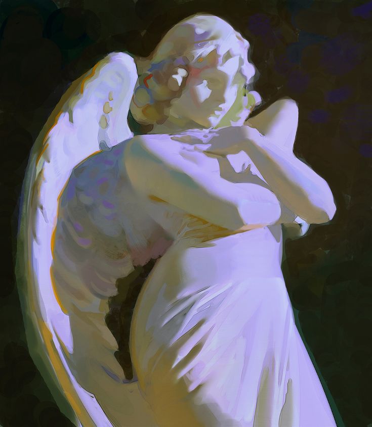 a painting of an angel with its hands on her chest and arms behind his back