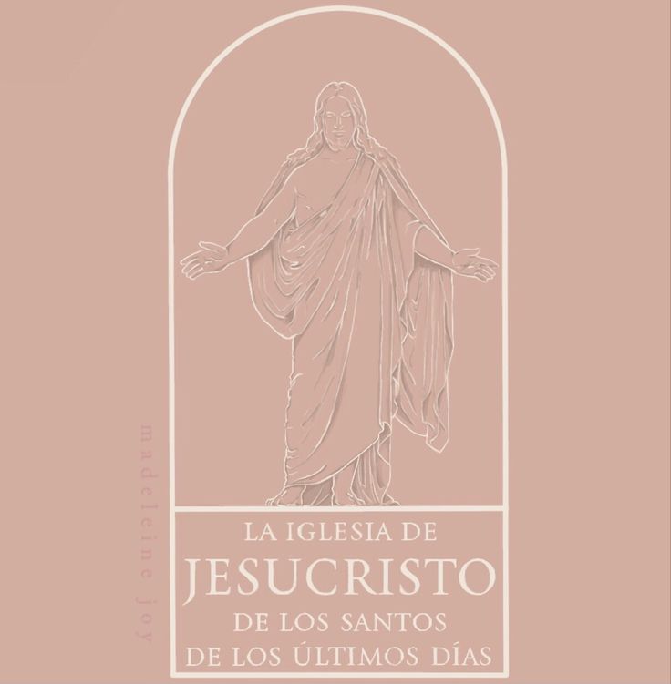 an image of the statue of jesus in front of a pink background with white lettering