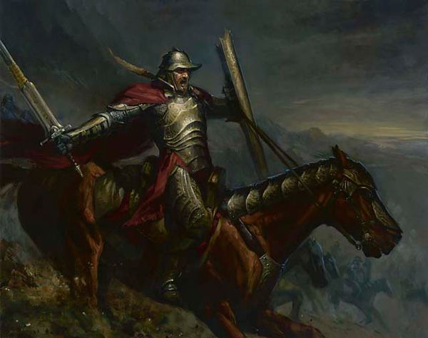 a painting of a man riding on the back of a horse with two swords in his hand