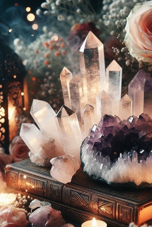 Mineral Stone Decor, Witchy Space Aesthetic, Decor With Crystals And Stones, Witchy Vibe Room, Witchy Candle Aesthetic, Crystal Alter Aesthetic, Witchy Crystals Aesthetic, Altar Aesthetic Witch, Crystal Magic Aesthetic