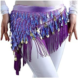 a woman is wearing a purple belly dance belt with beads and sequins on it