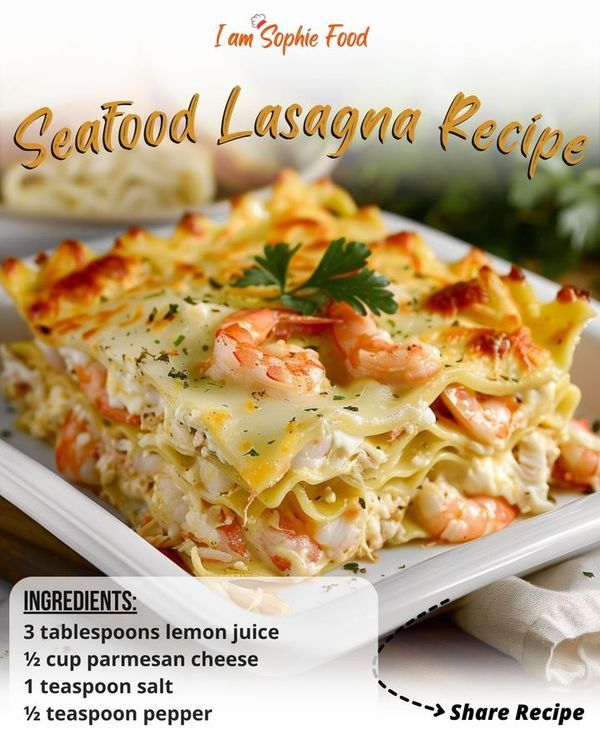 an advertisement for seafood lasagna recipe on a plate