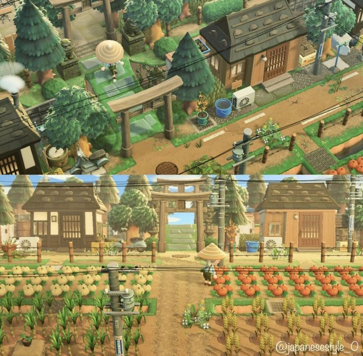 two different views of a small town with lots of trees and flowers in the yard