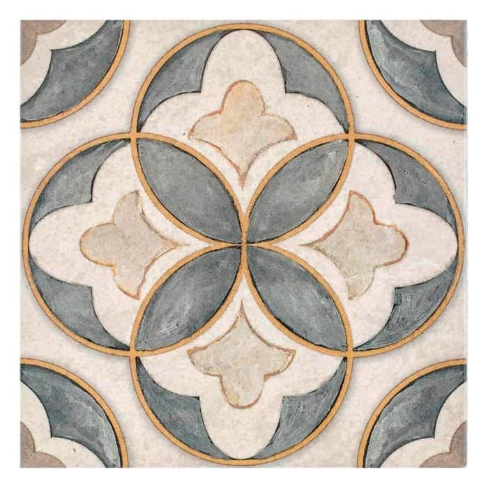 an artistic tile design in grey, white and gold colors with circles on the floor