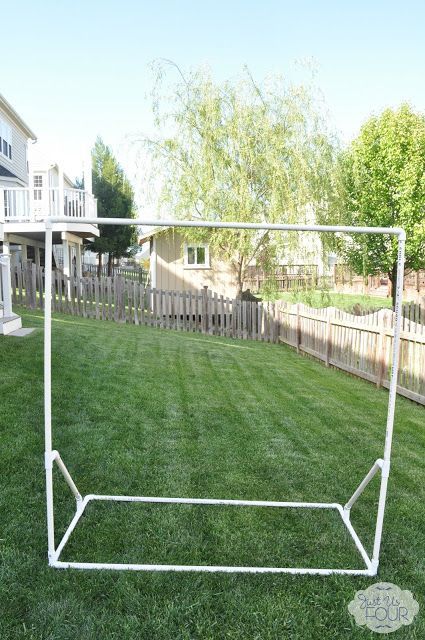 an image of a soccer goal in the yard with text that reads, save from justusunning com