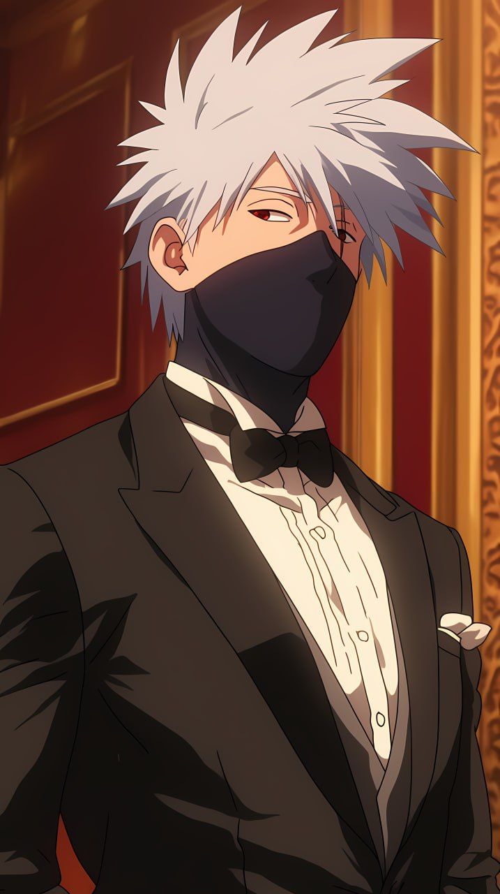 an anime character with white hair wearing a black suit and bandanna over his face