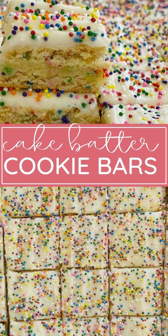 cake batter cookie bars stacked on top of each other with sprinkles in the background