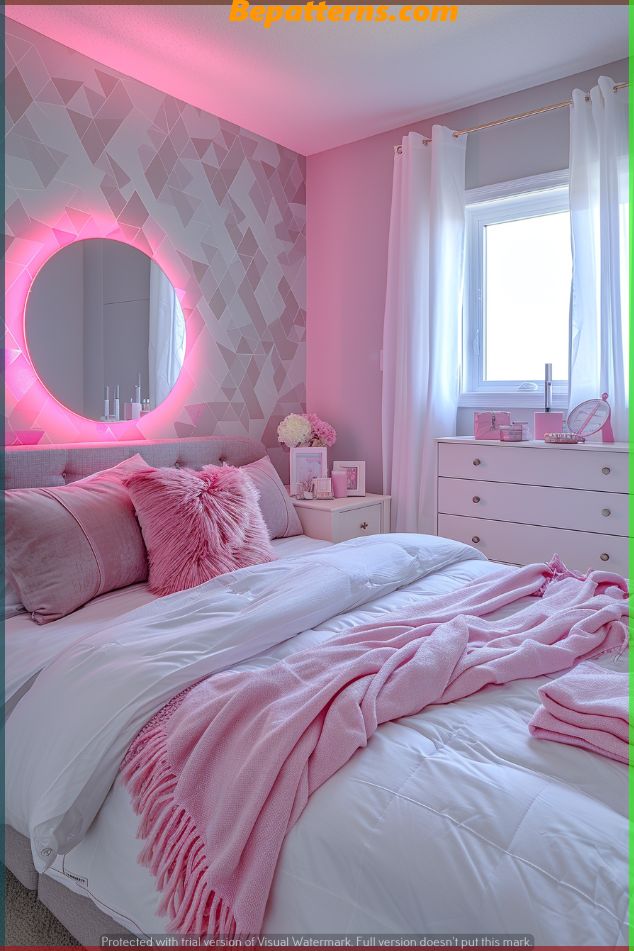 a bedroom with pink walls and white bedding in the center is a round mirror on the wall