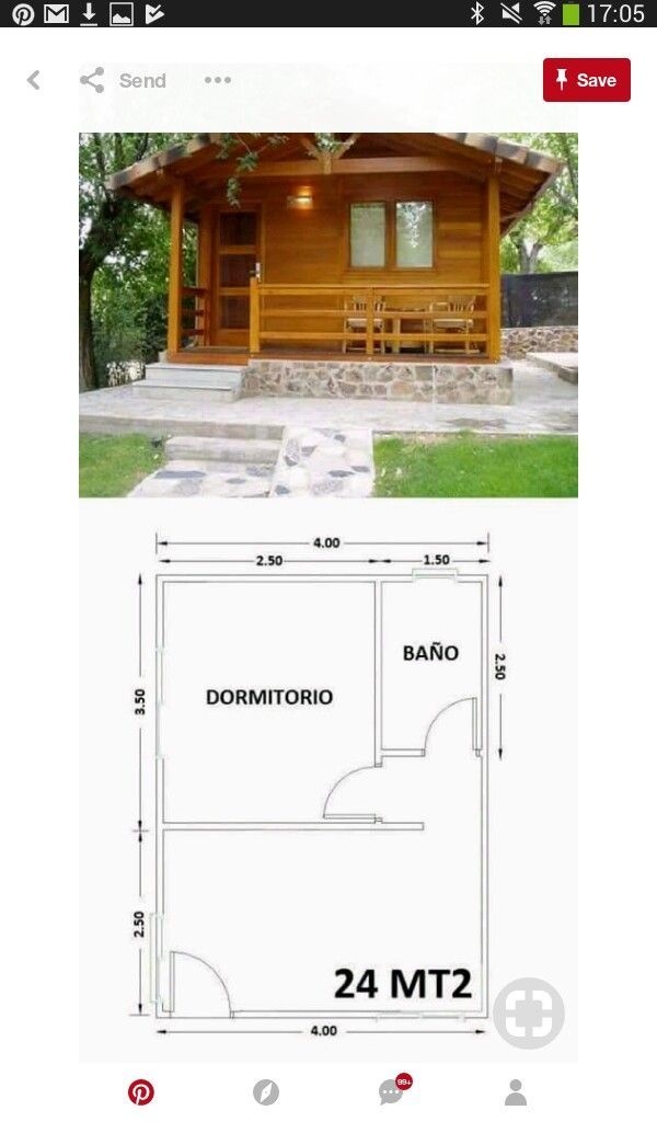 an image of a small wooden cabin with the measurements for it's size and width