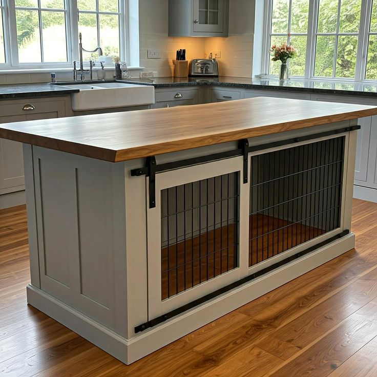 a large kitchen island with dog doors on it