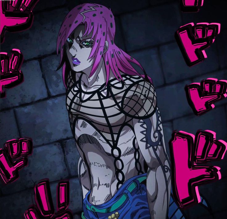 an anime character with pink hair and tattoos standing in front of a brick wall, surrounded by letters