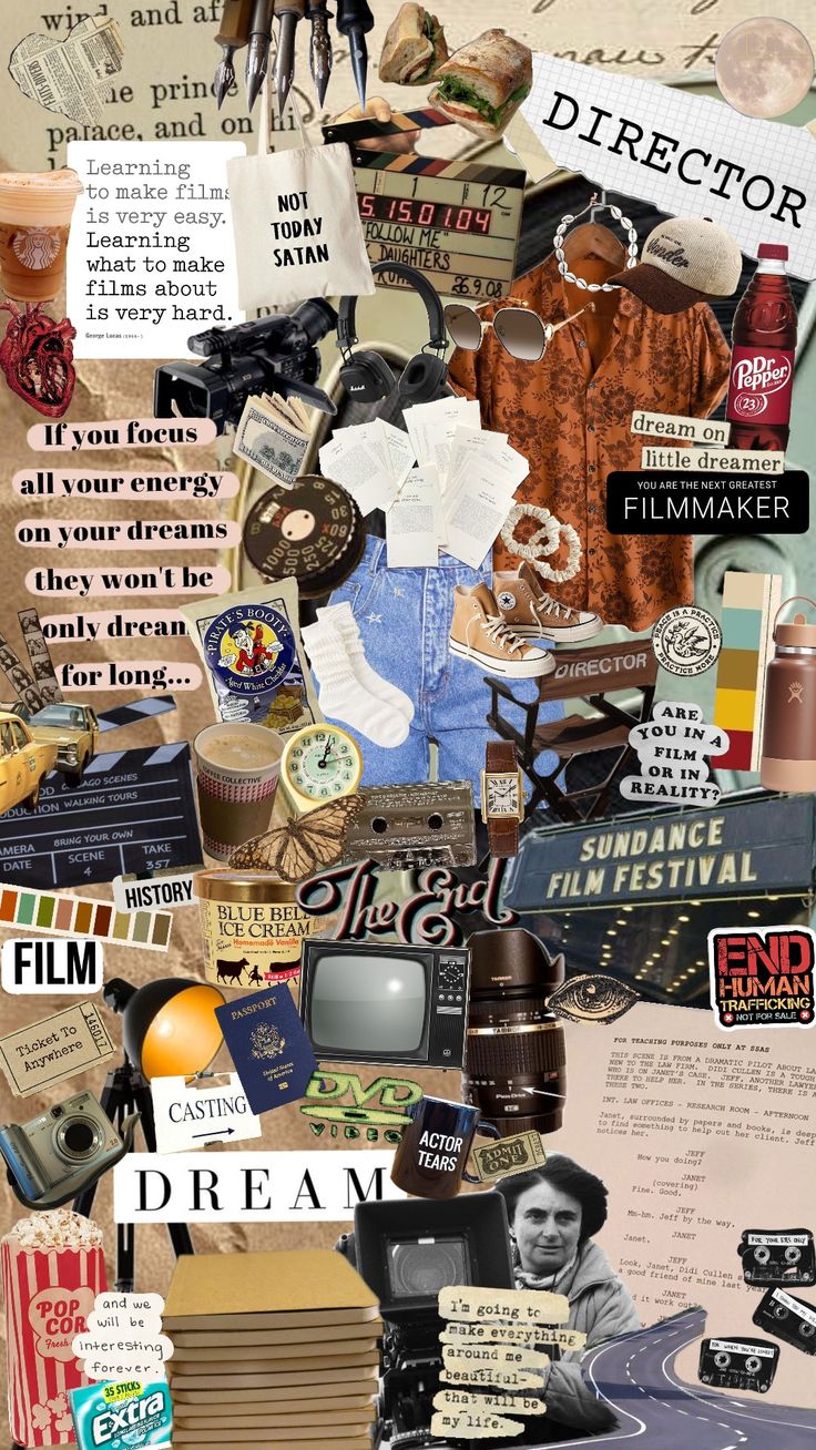 a collage of different types of items and text on it, including an image of a man