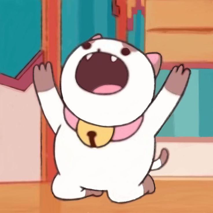 a cartoon dog with its mouth open standing in front of a door and holding his hands up