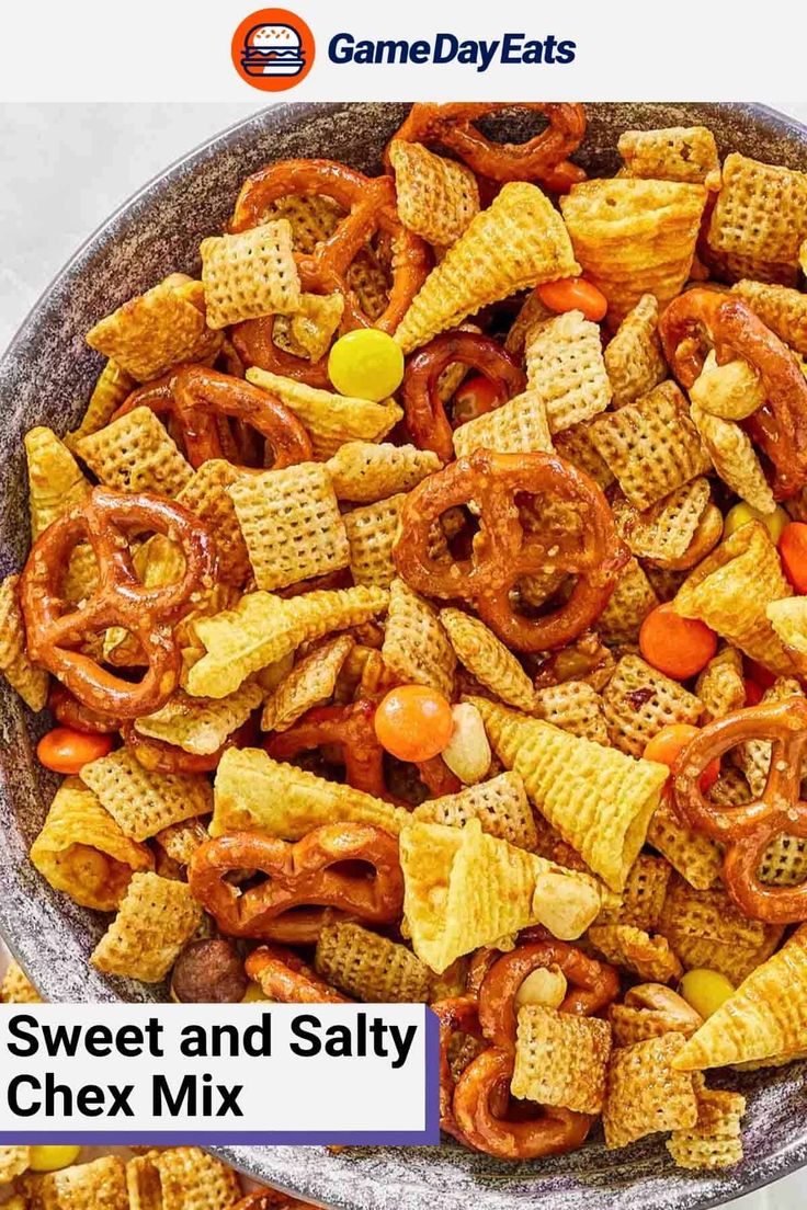 sweet and salty chex mix in a bowl with the words game day eats on it